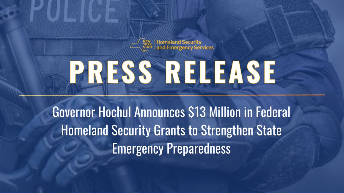 Today @GovKathyHochul announced $13 million in federal grant awards through the State Homeland Security Program, which will help to support equipment & training to enhance preparedness, protect critical infrastructure & advance cybersecurity capabilities: on.ny.gov/4dfnaME