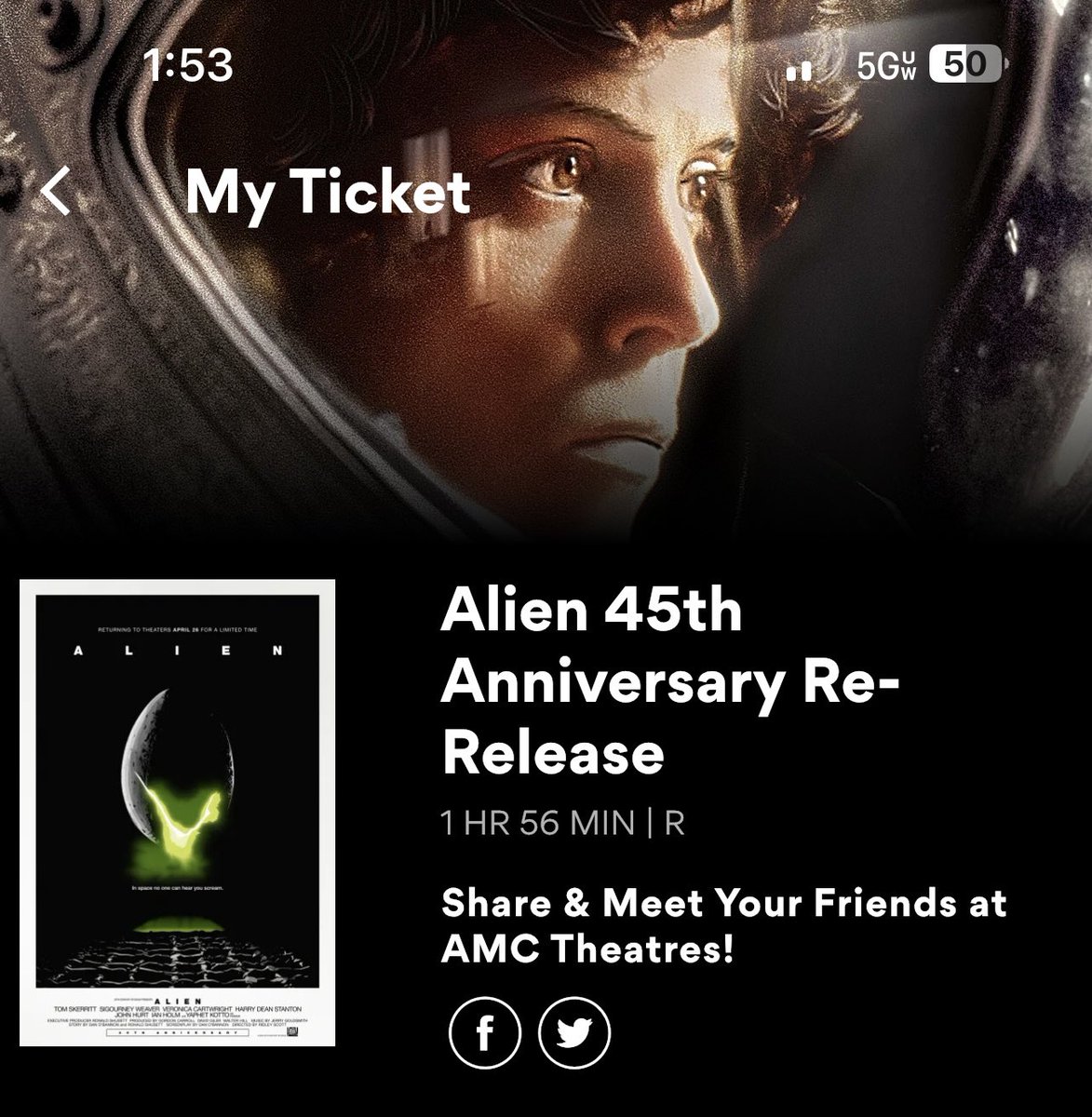 Brought the kid to see the 45 Anniversary re-release of Alien. They were worried about “the crowd.” 😂😂