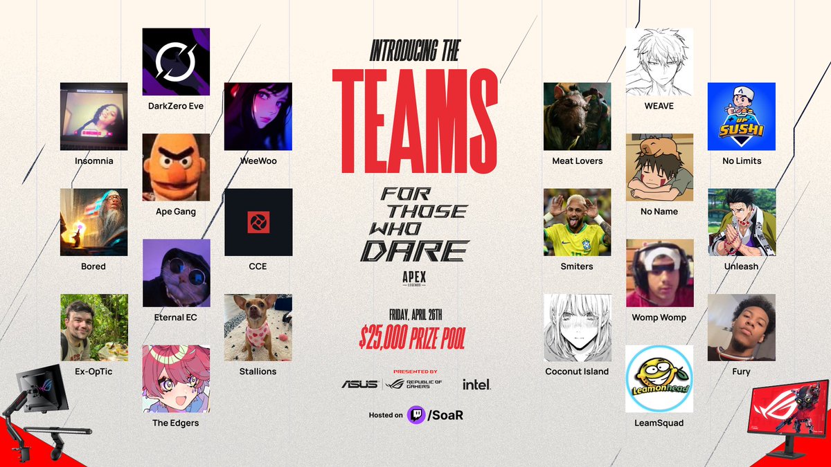 Here are your teams dropping in the For Those Who Dare qualifiers Day 1! Pick your favorites and come see who moves on at 6 PM EST @ Twitch/SoaR #PoweredbyROGMonitor @ASUS_ROGNA | @IntelGaming