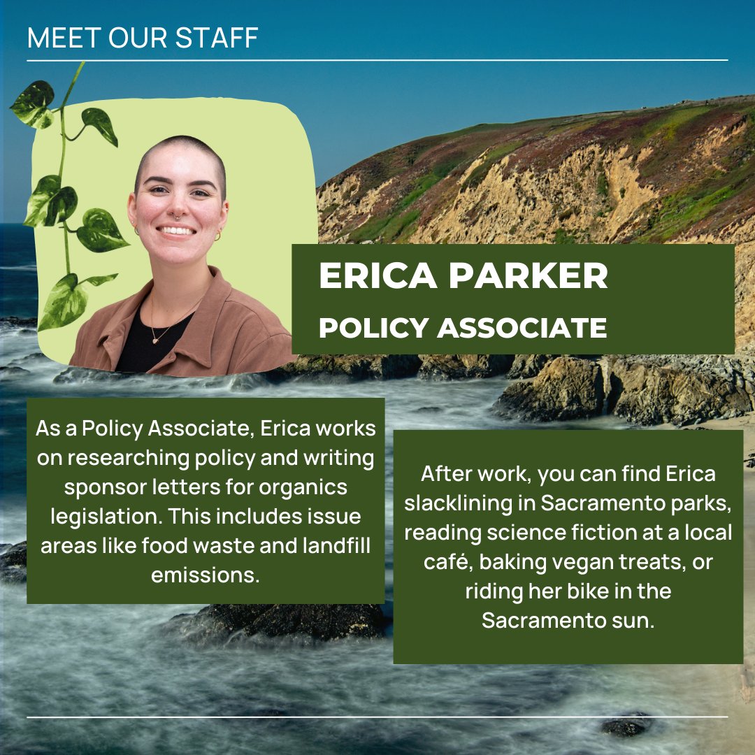 Say hello to our newest staffer, Erica Parker💛 Erica is currently pursuing her graduate degree in Environmental Policy and Management at UC Davis and plans to specialize in Sustainable Food Systems and Agriculture and the Policy Process. cawrecycles.org/meet-the-staff
