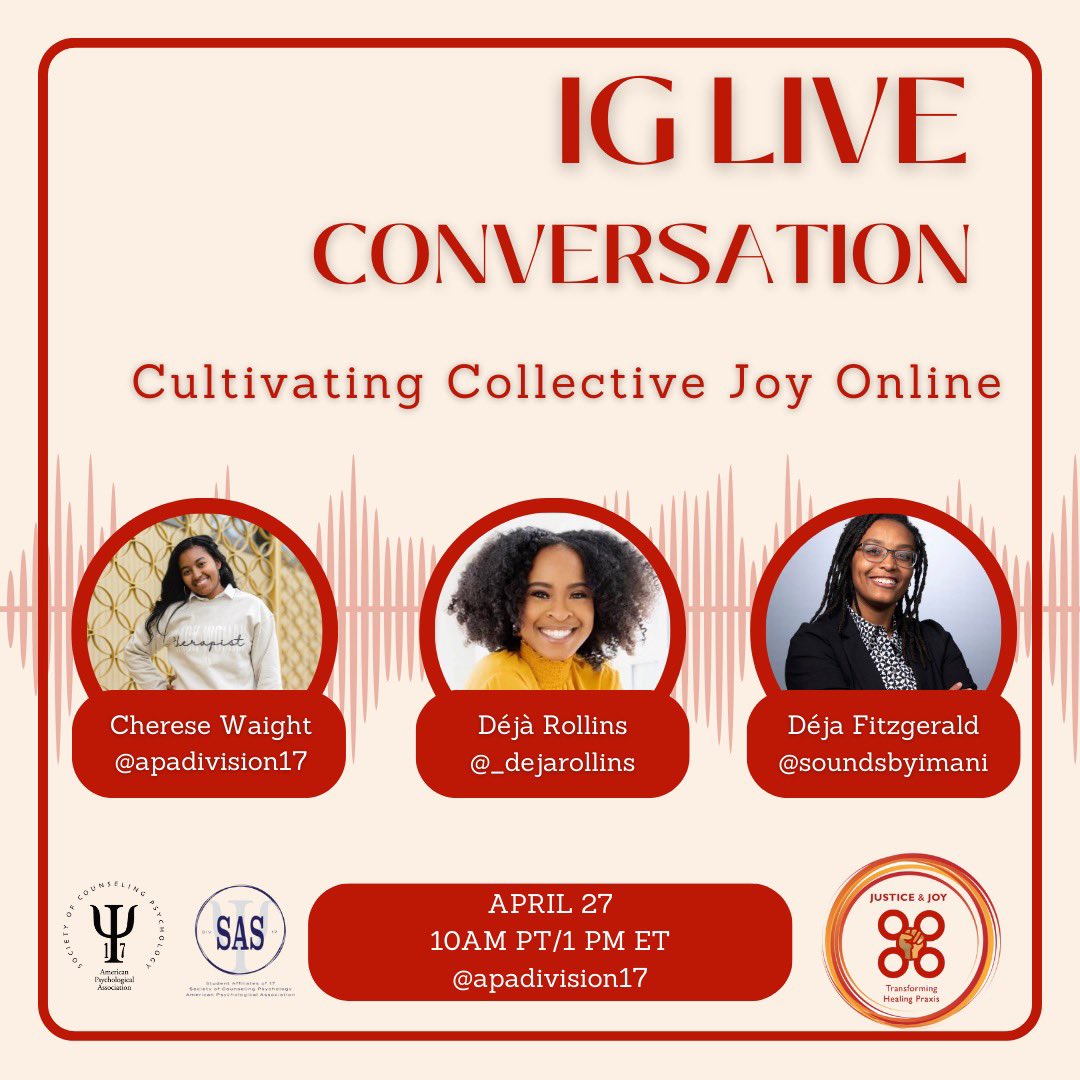 Ok, folks! Let's get into a REAL convo about about social media & how we create & cultivate joy during our engagement. I've been invited by @SAS_APAdiv17 of the American Psychological Association’s Society of Counseling Psychology to join a LIVE conversation tomorrow on IG. 🧠☺️