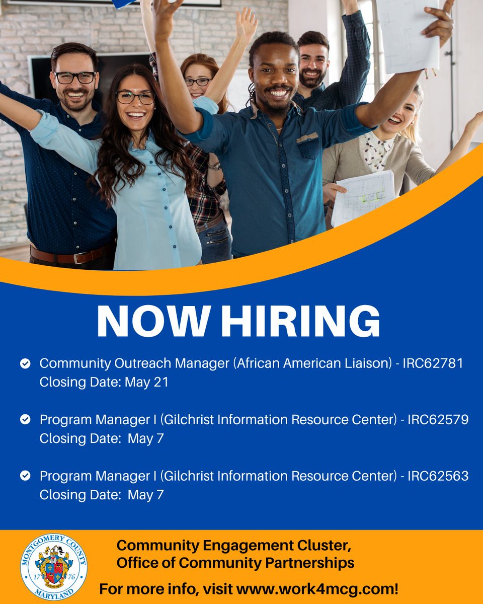 Looking for meaningful part-time #work? Check out these new, exciting #job opportunities to join our team in #MontgomeryCounty’s Office of #Community Partnerships within the Community Engagement Cluster!

Learn more and apply today at work4mcg.com!

#work4mcg #PartTime