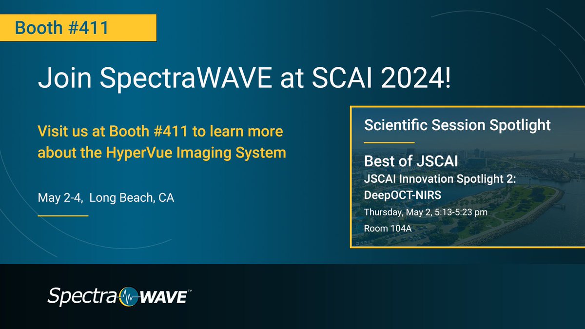 Join us next week in Long Beach for #SCAI2024!

Come by booth 411 for a demo of the HyperVue Imaging System and see the value of #DeepOCT+NIRS 

Mark your calendars for the Best of JSCAI session on 5/2 to learn about the latest clinical publication