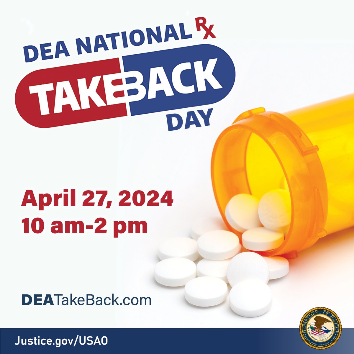 #TakeBackDay is a free event for communities nationwide to properly dispose of old and unneeded medications safely and anonymously. Tomorrow, April 27 from 10am-2pm you can bring your unneeded medications to a collection site near you: DEATakeBack.com