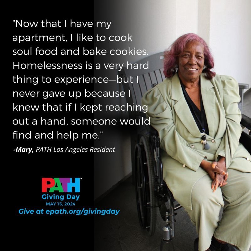 Meet Mary, a cancer survivor who experienced homelessness in LA for over 30 years. Now, thanks to PATH, she has her own home. Join us with a gift today for PATH Giving Day and help 40 people like Mary make it home! 🏠 Give by May 15th, 2024, here: epath.org/GivingDay