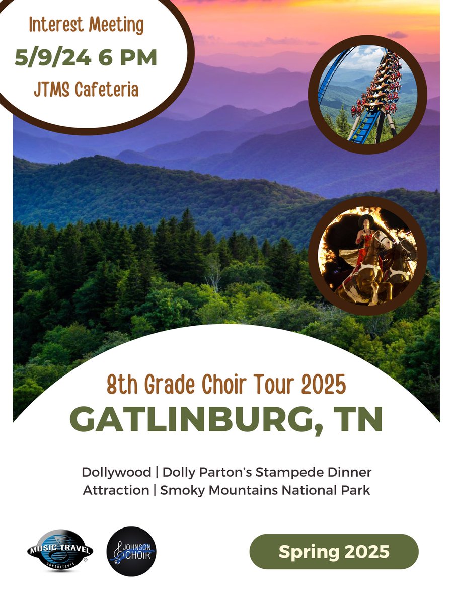 Next year’s 8th Grade Choir is going to Gatlinburg! We will be explaining details of the trip at our interest meeting on May 9th at 6:00 PM! We are so excited!!!

#RoarJagsRoar #SingJagsSing #YourVoiceMatters