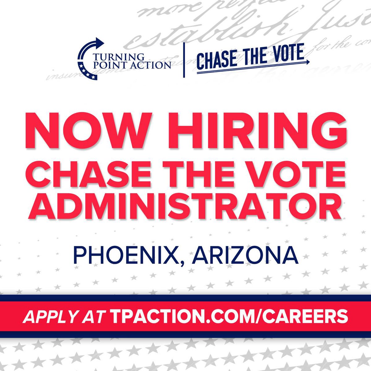 We are hiring at our office to help with our Chase the Vote initiative at our HQ in Arizona! We also have jobs in YOUR NEIGHBORHOOD to help Turn Out the Vote for Trump this year. If you need a job, come work with us! TPAction.com/Careers