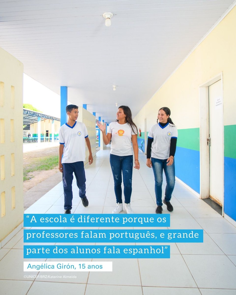 No Dia Nacional da Educação, o UNICEF convida você a conhecer a gostosa mistura do português, espanhol e do “portunhol”, que fazem parte do clima escolar da onde Angélica Girón estuda, que voltou a estudar graças a Busca Ativa Escolar, do UNICEF. bit.ly/4aOF4Ez