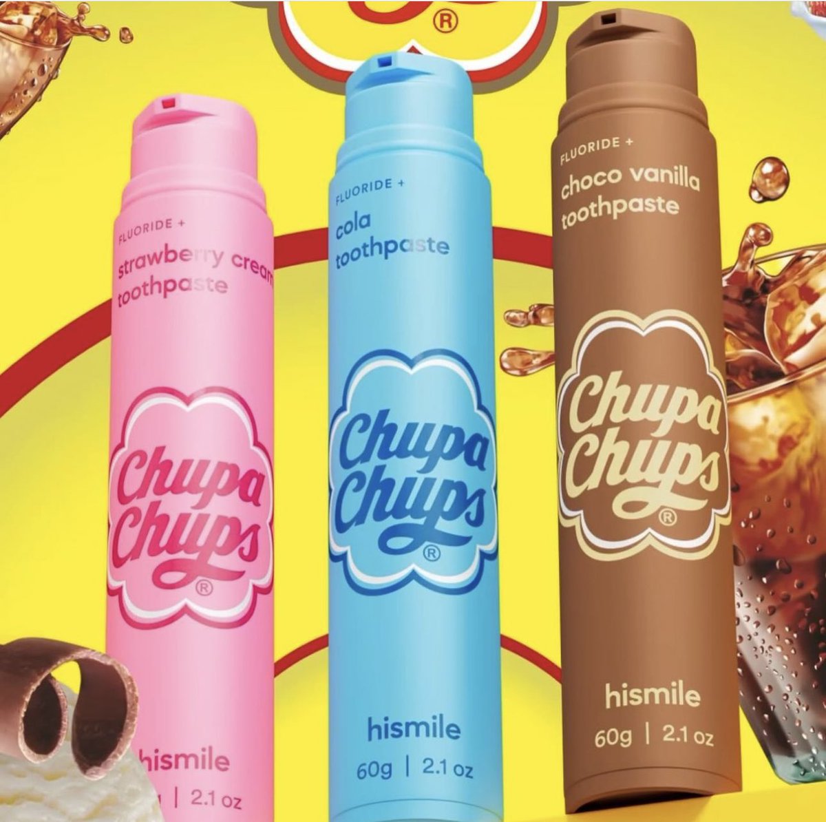 Available Now! 🚨 NEW! Collab 🪥🍬🍭 #ChupaChups x #hismile 🦷 $13 each: 🥤💙Chupa Chups Cola Toothpaste 🍓💗Chupa Chups Strawberry Cream Toothpaste 🍦🤎Chupa Chups Choco Vanilla Toothpaste