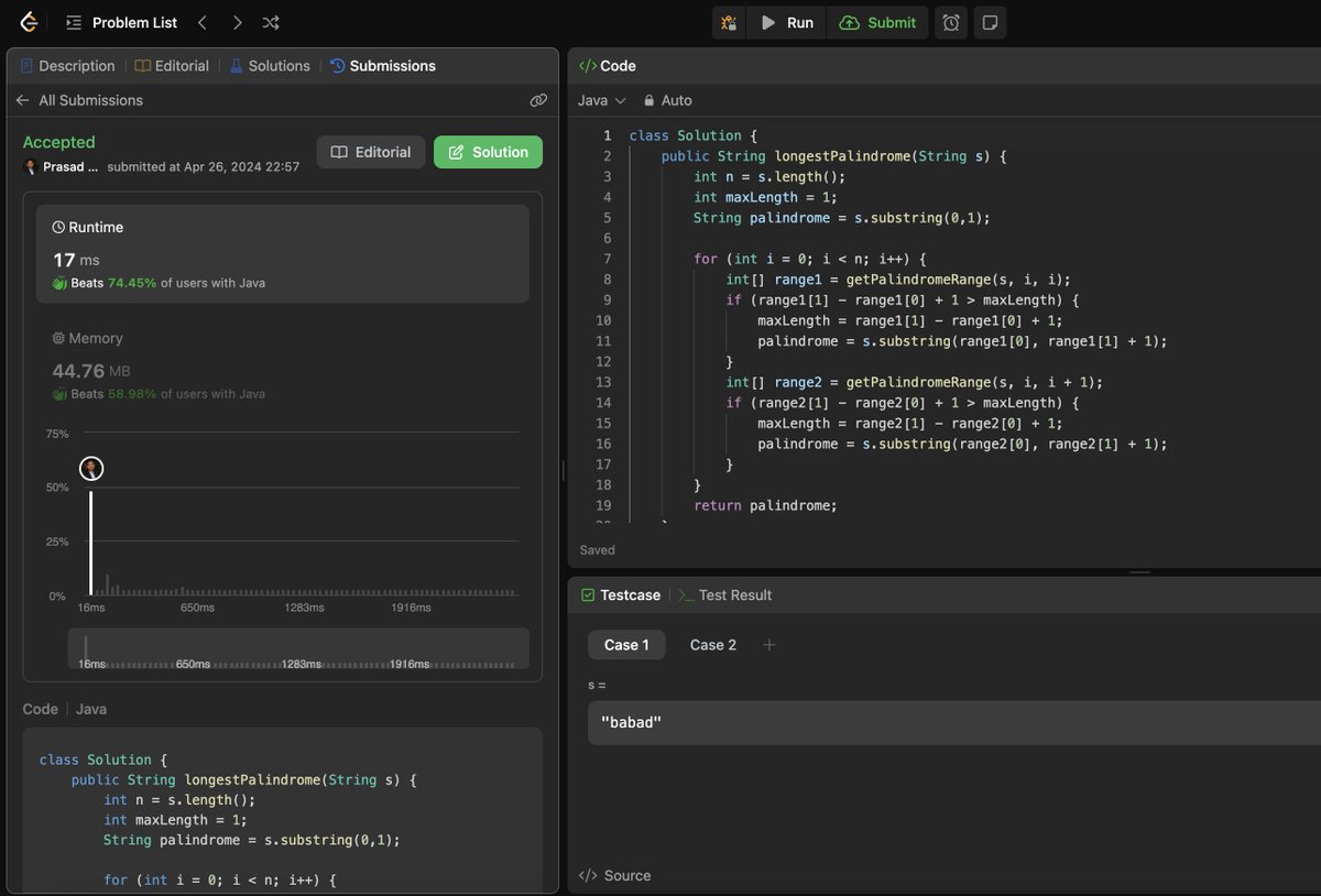 Day54 of #100DaysOfCode 

Solved 2 problems today - Longest palindromic substring and Binary LinkedList to Integer

#leetcode #100daysofcoding #Java 
#100daysofcodechallenge