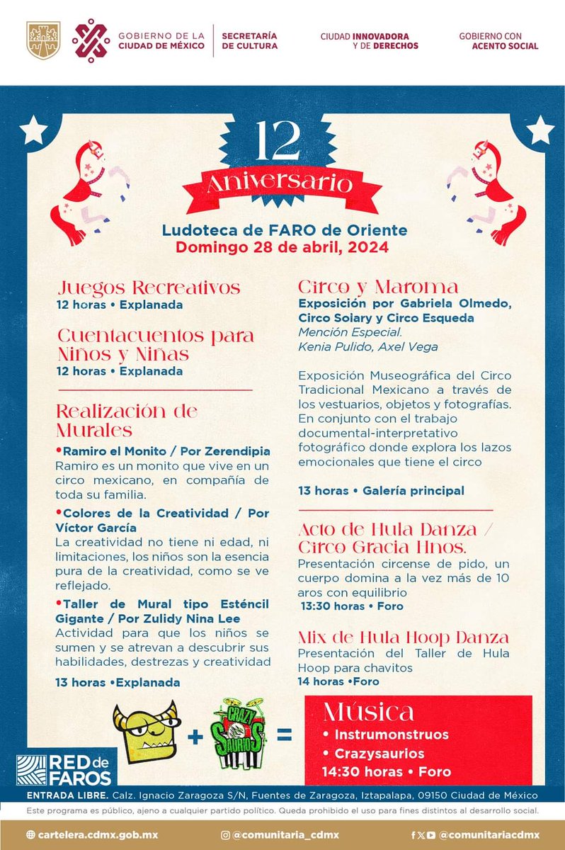 La @farodeoriente celebra el 12º aniversario de la Ludoteca Quetzal Ba'Du Huinii con una variedad de actividades, como juegos recreativos, realización de murales y dibujos y cuentacuentos. Domingo 28 de abril | 12 horas | #EntradaLibre Más información en la #CarteleraCdMx:…