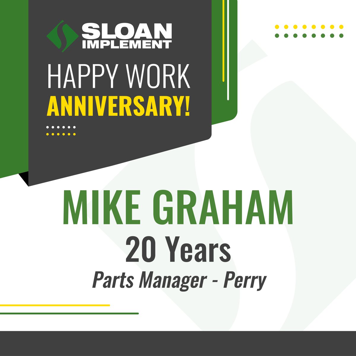 Happy Anniversary to Mike Graham! Mike is the Parts Manager at our Perry, IL location. Thank you for 20 years of service to Sloan Implement! 👏🎉 - #johndeerecareer #johndeere #sloans #sloanimplement #agriculture