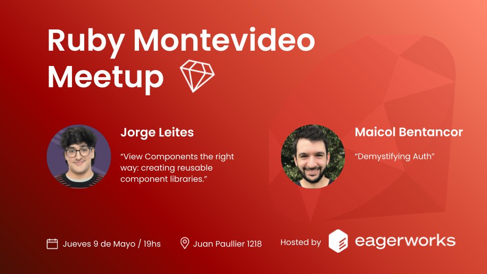 Excited for the upcoming May #Ruby Montevideo Meetup! 🇺🇾💎 Huge thanks to @eagerworks for being the hosts 🙌 This time, we'll have two amazing talks by Jorge and @MaicBen. Secure your spot now and join us for a fantastic event! meetup.com/es-ES/ruby-mon…