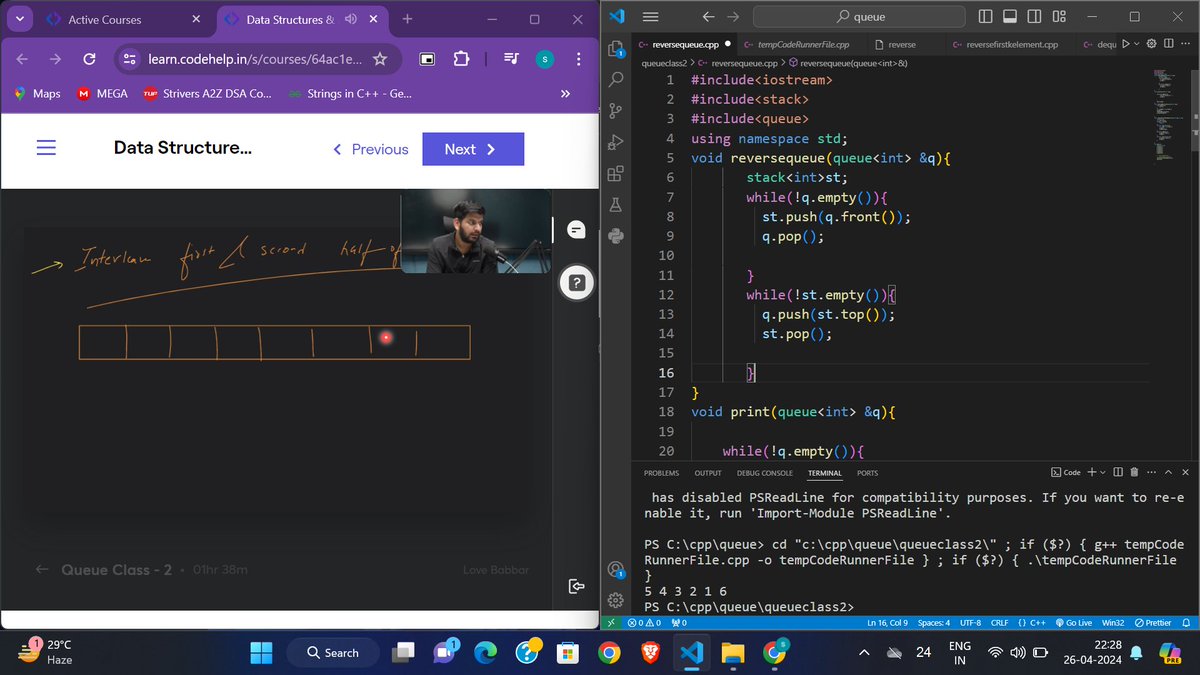 Day 9 of #100DaysOfCode Completed a lecture 🚀 on queues, learned concept of sliding window and practiced 🎓 some classical problems #DataStructures #CodingLife #LoveBabbarSupremeBatch @lovebabbar3