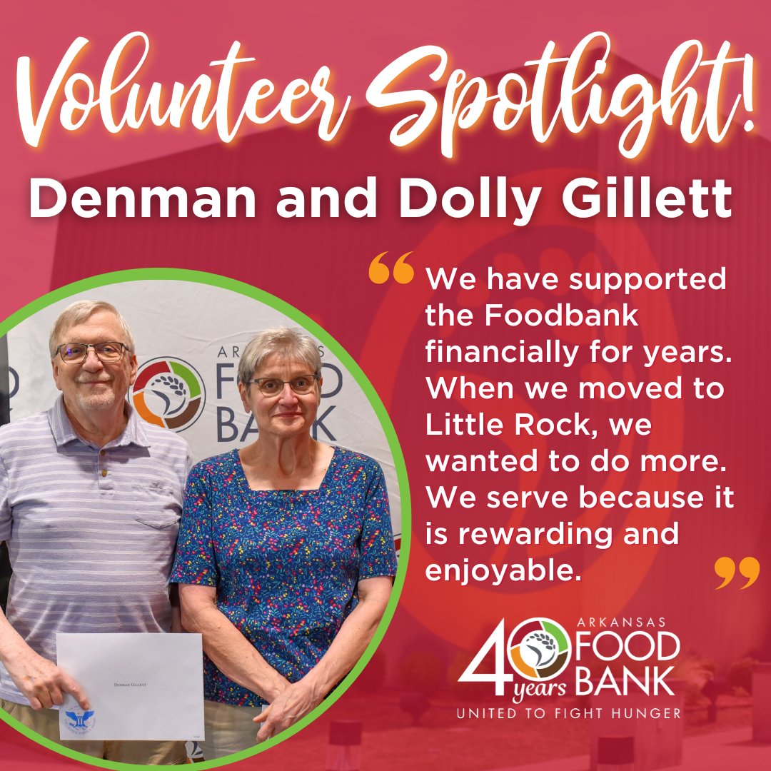 his week's National Volunteer Appreciation Month spotlight is Denman and Dolly Gillett! 📷 Their dedication and passion for serving our community inspires us all. Thank you for making a difference, one volunteer shift at a time! 📷 #VolunteerAppreciation #ArkansasFoodbank #ARFB