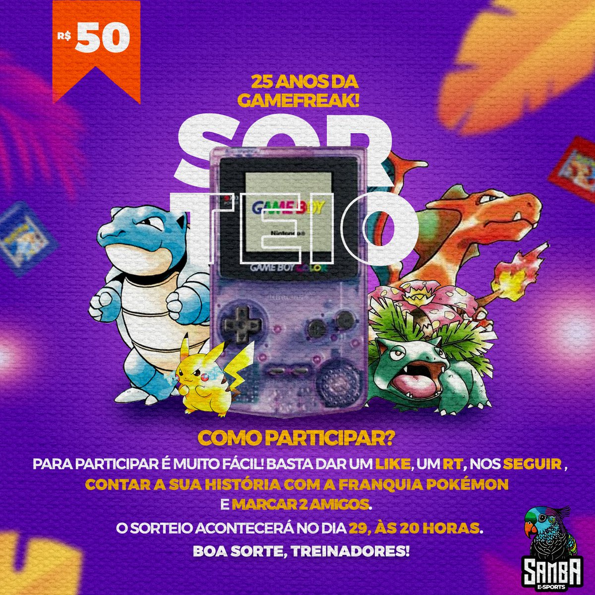 Tem sorteio de R$ 50,00 em comemoração dos 25 anos da GameFreak! Para participar: 💚 Siga a gente 💜 Like + RT ❤️ Conte sua história com Pokémon e marque 2 amigos. Sorteio no dia 29 às 20 horas! Boa sorte!