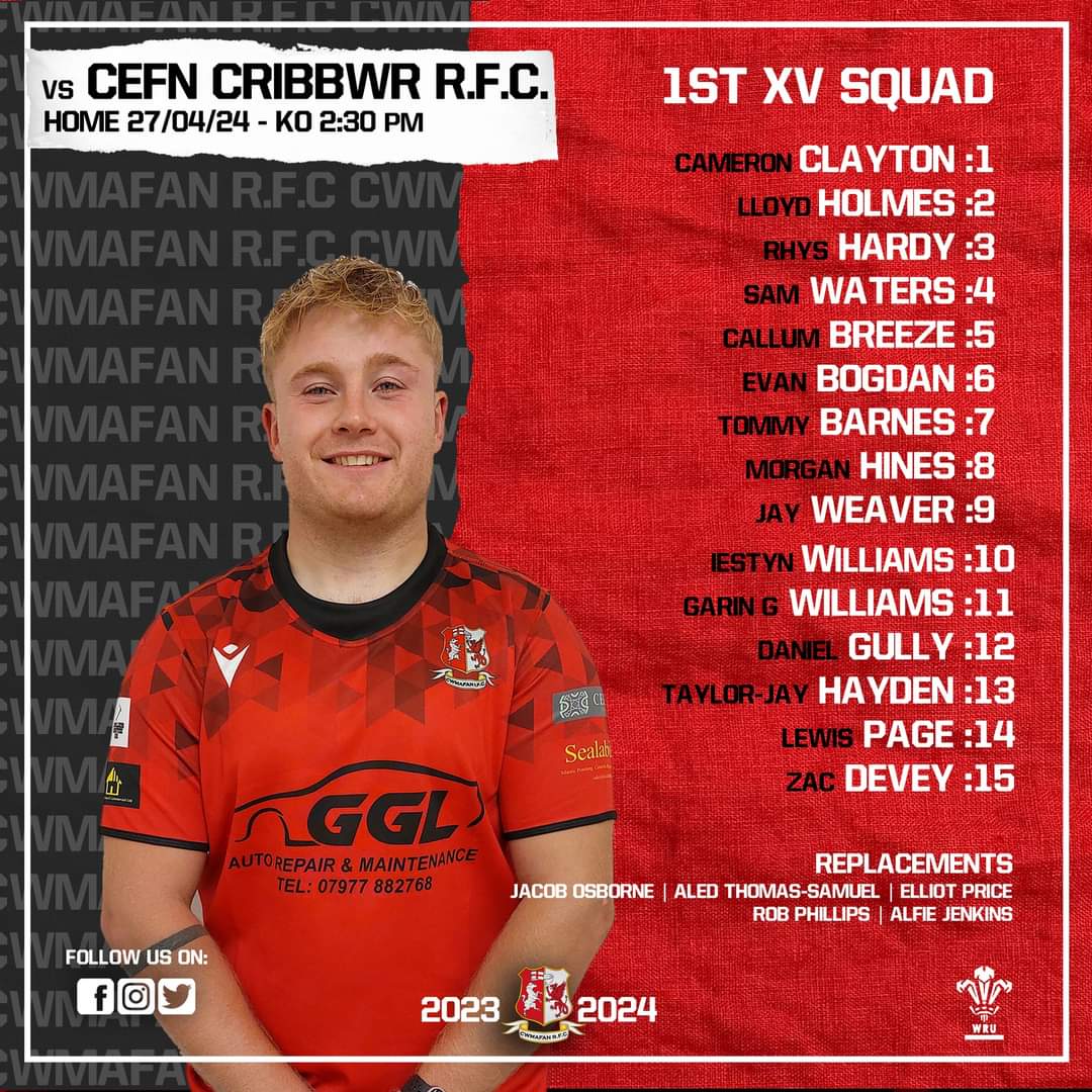 ***SQUAD ANNOUNCEMENT*** Your 1st Team XV to face Cefn Cribbwr RFC tomorrow at 2:30pm on the Welfare Ground KO - 2:30pm