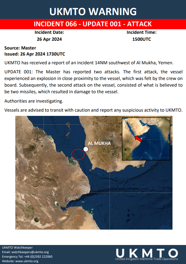 UKMTO WARNING INCIDENT 066 ATTACK Update 001 ukmto.org/indian-ocean/u… UKMTO has received a report of an incident 14NM southwest of Al Mukha, Yemen. UPDATE 001: The Master has reported two attacks. #MaritimeSecurity #MarSec