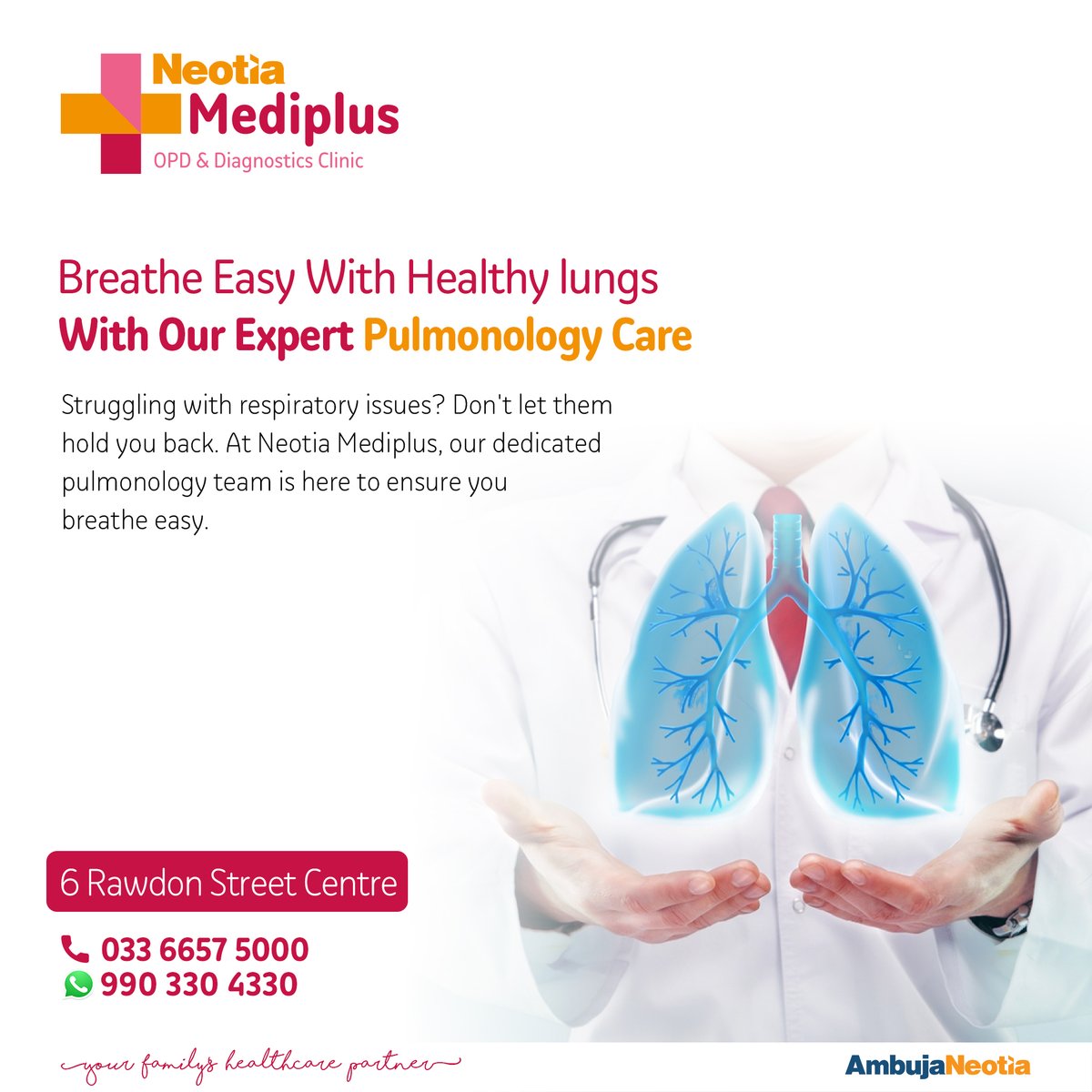 Unlock healthier lungs with Neotia Mediplus OPD & Diagnostic Clinic! Experiencing coughing, shortness of breath or chest discomfort? Over 10M in India suffer from lung issues. Early detection is key! Consult our expert pulmonologists. #HealthyLungs #RespiratoryCare #AmbujaNeotia