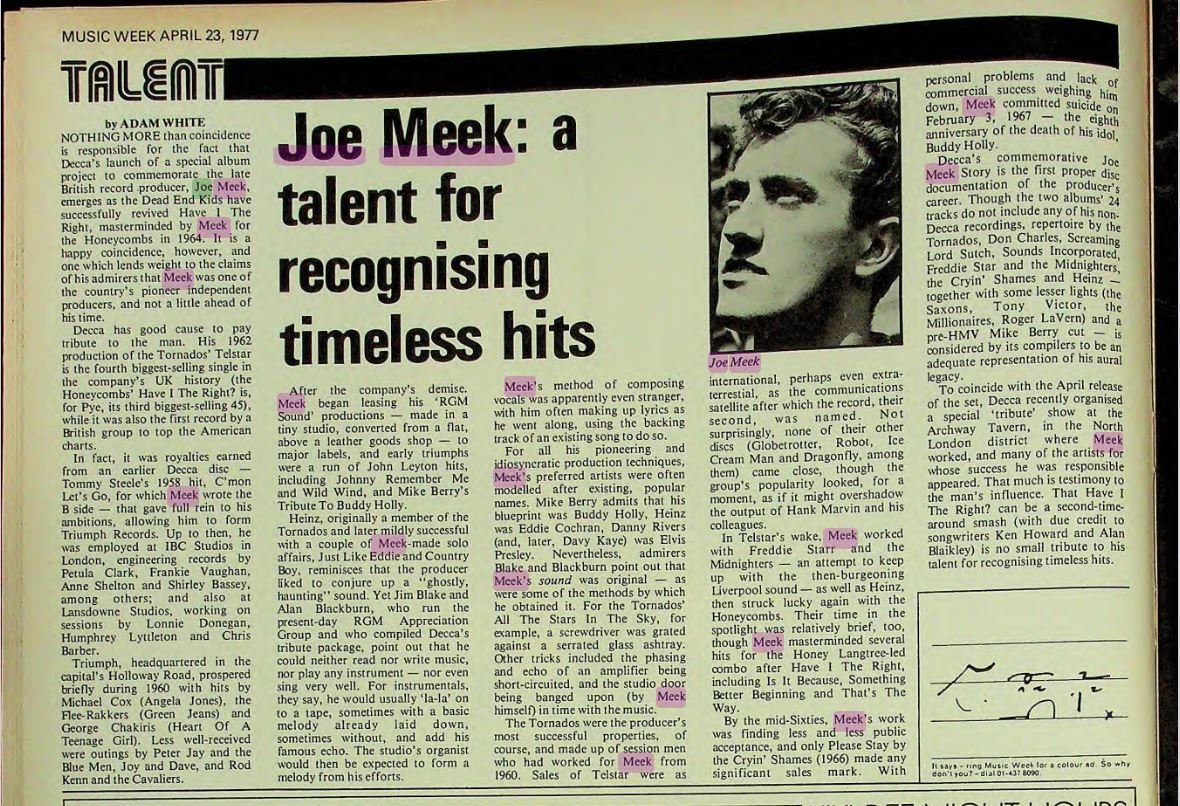 Music Week - Joe Meek, April 1977 ..