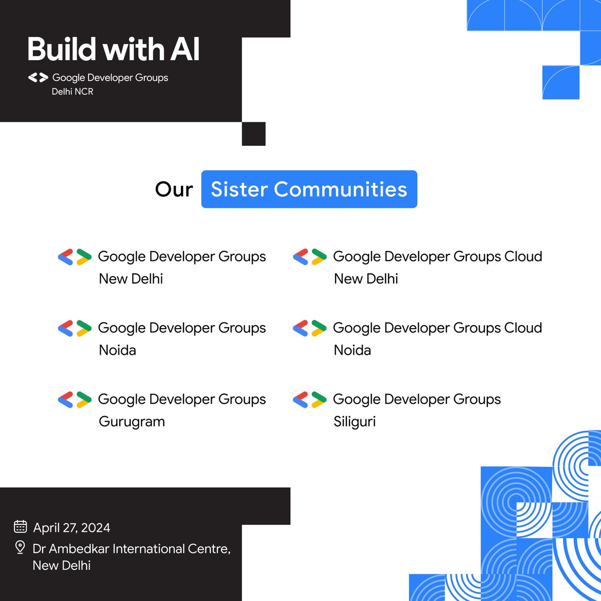 Introducing our sister communities joining forces for the ultimate AI extravaganza! 🌟 Join GDG New Delhi, GDG Cloud New Delhi, GDG Noida, GDG Cloud Noida, GDG Gurugram, and GDG Siliguri as we dive into the future at the 'Build With AI Roadshow'! 🔥 #AIRevolution #CommunityUnity