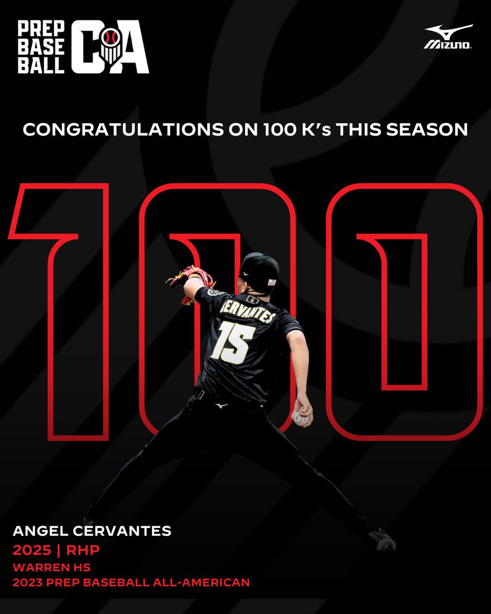 🚨 𝐌𝐈𝐋𝐄𝐒𝐓𝐎𝐍𝐄 𝐂𝐄𝐋𝐄𝐁𝐑𝐀𝐓𝐈𝐎𝐍 🚨

Congratulations to Prep Baseball All-American RHP Angel Cervantes (@AngelC_2025) on reaching the 100 strikeout in a season milestone. 

@shooterhunt | @prepbaseball