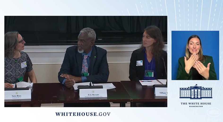 Eric Becoats, supt of @_WilliamPennSD talks infrastructure upgrades (made possible through the Renew America's Schools Grant) in his district that he realized were desperately needed by listening, learning, and leading. #LeadersMatter #whitehousesustainableschools