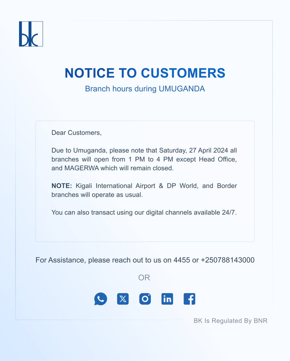 NOTICE TO CUSTOMERS - ITANGAZO RIGENEWE ABAKILIYA - AVIS AUX CLIENTS