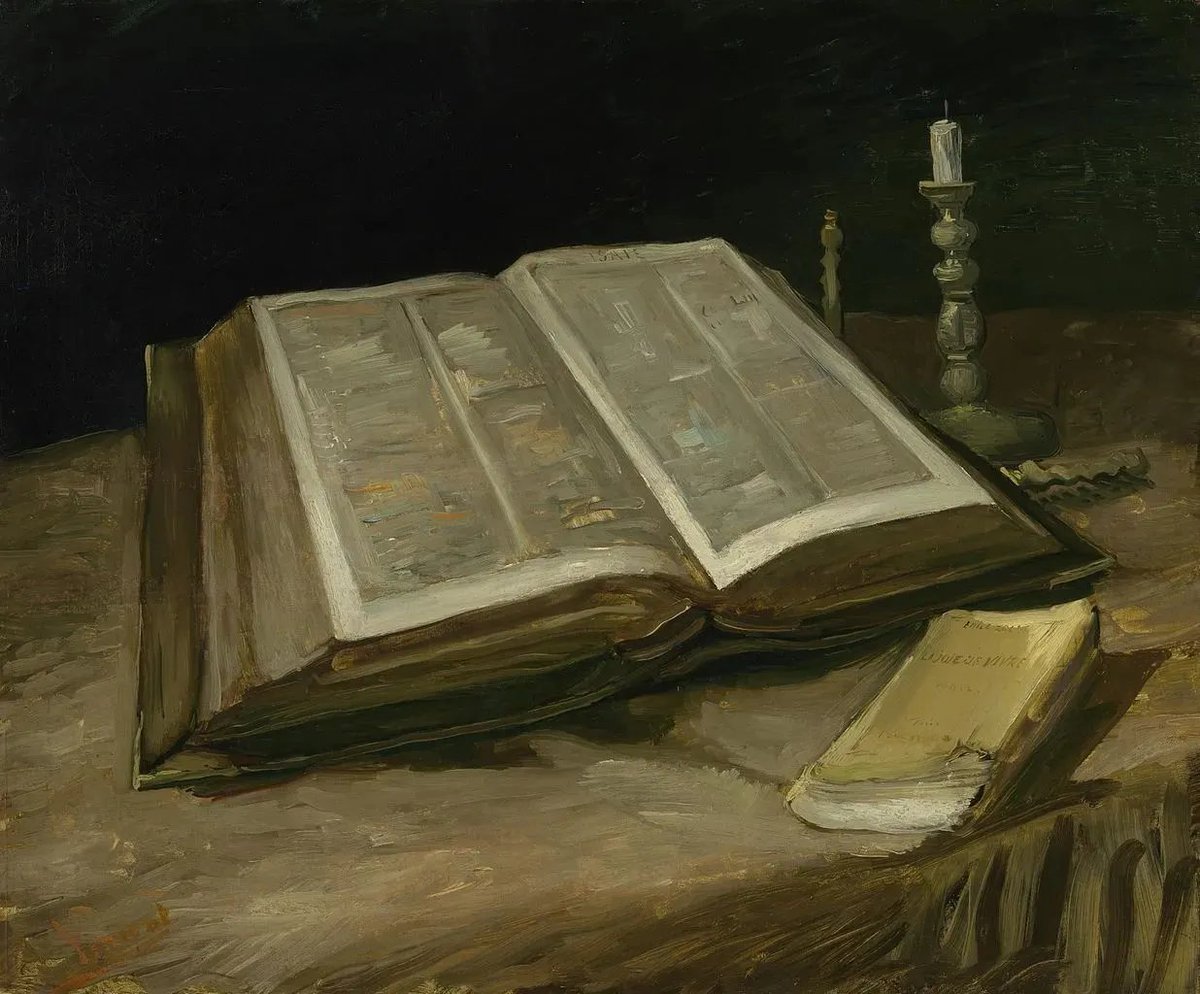 Vincent Van Gogh, ‘Naturaleza muerta con Biblia’ (1885) La Biblia era de su padre, pastor de la Iglesia Reformada Holandesa; había fallecido hacía 6 meses. Vincent tenía una relación turbulenta con él; la Biblia representaba a su padre como hombre entregado a su fe. #ArteBíblico