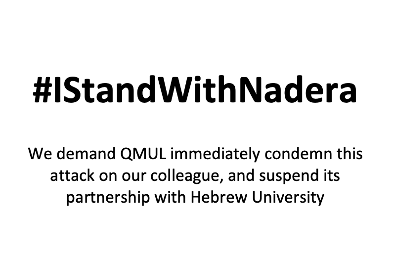 join and say #IStandWithNadera with @QMULPalestine qmucu.files.wordpress.com/2024/04/friday… @QMUL's silence and inaction is unconscionable: theguardian.com/world/2024/apr…