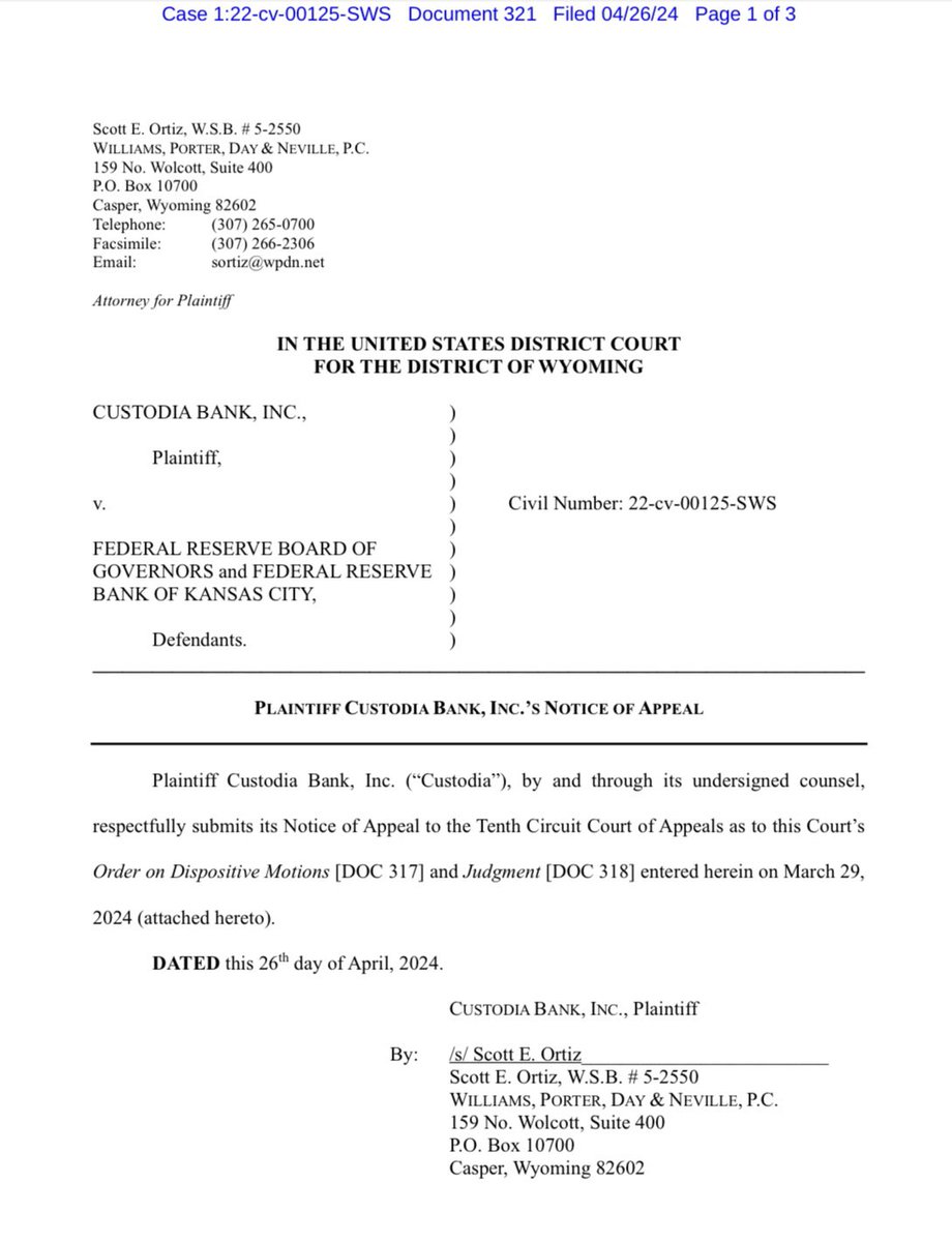 🚨NEW: @custodiabank has filed a notice of intent to appeal a Wyoming district judge’s March 29th ruling that the @federalreserve has full discretion to deny Custodia access to a Master Account.