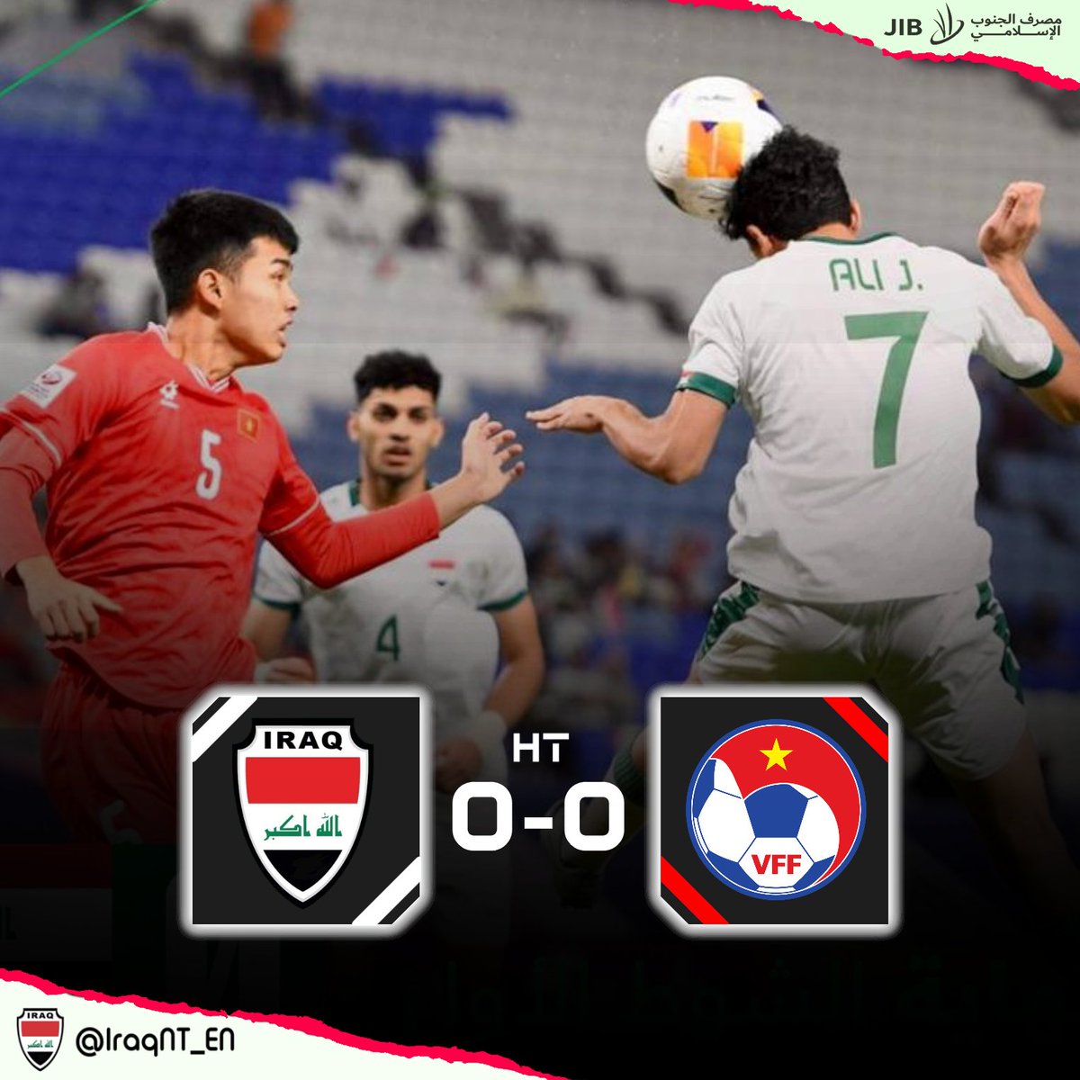 HT: 🇮🇶 #Iraq U23 0-0 Vietnam U23 🇻🇳 Goalless at the half-time break in our #AFCU23 quarter-final. ⚽️ #IRQvVIE #RoadToParis2024