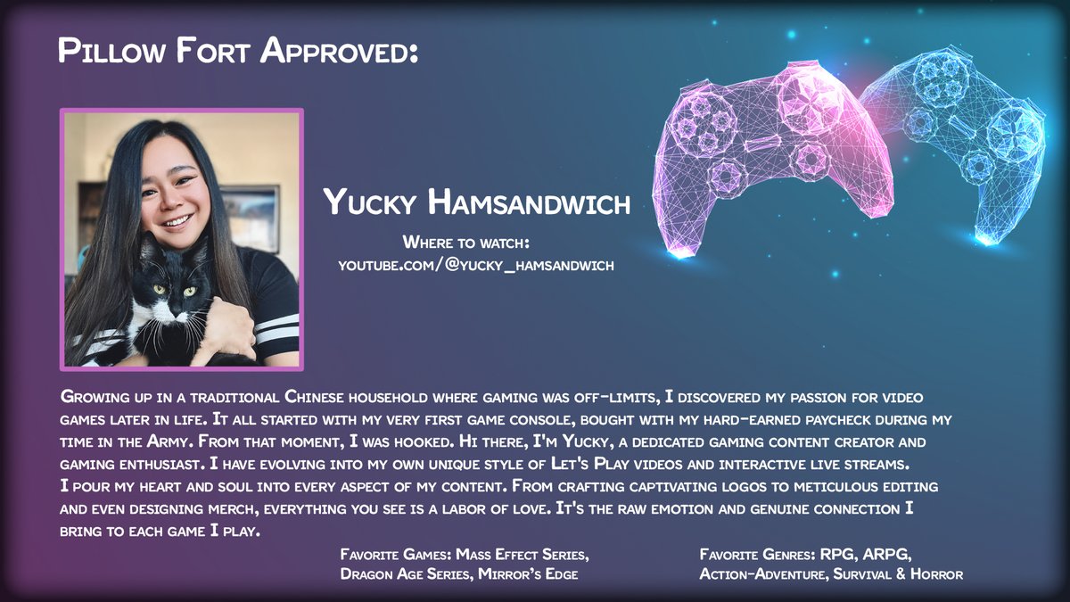 Our next Pillow Fort Approved Creator has been a dear friend since before The Pillow Fort even existed. We're pleased to introduce the lovely @hamsandwich_y, who pours her heart into content and Let's Plays in a unique and beautiful way 🎮❤️

⬇️Find Her Here⬇️