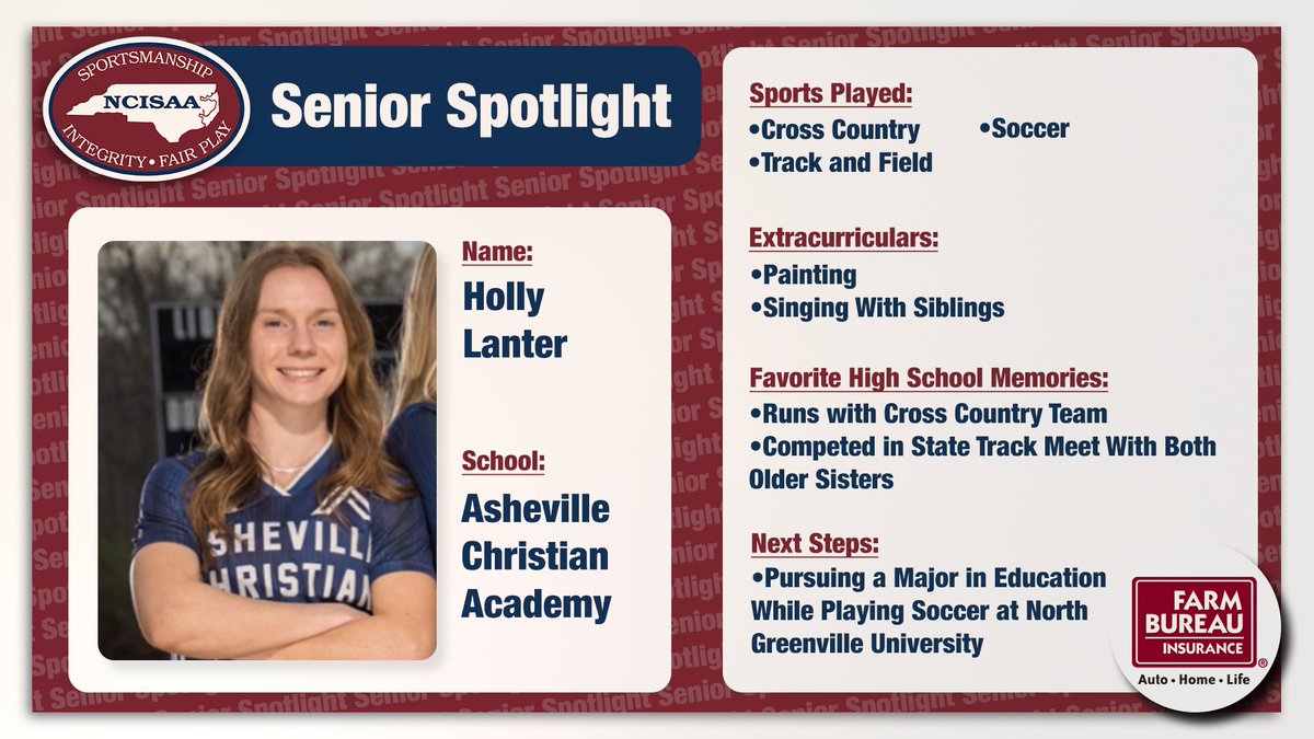 This week we are spotlighting senior Holly Lanter at Asheville Christian Academy. Holly, the NCISAA hopes you continue to be a wonderful leader at North Greenville University ⚽🏅. Submit your Farm Bureau Senior Spotlight nominations here bit.ly/49nu9QG!