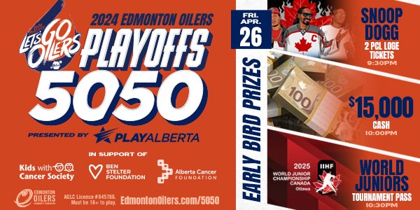 The @EdmontonOilers are still going strong and so is their 50/50 in support of @BenStelterFund, @kwcsyeg and @albertacancer! Get in on the action and grab your tickets in support of Albertans facing cancer. Grab your tickets here: nhl.com/oilers/communi…