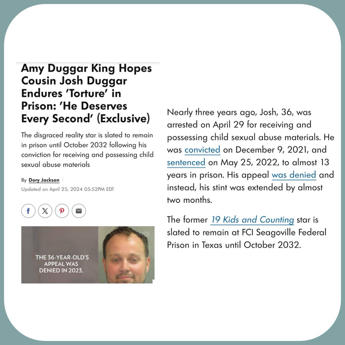 I'm with Amy Duggar King. I hope Josh Duggar gets everything he deserves.