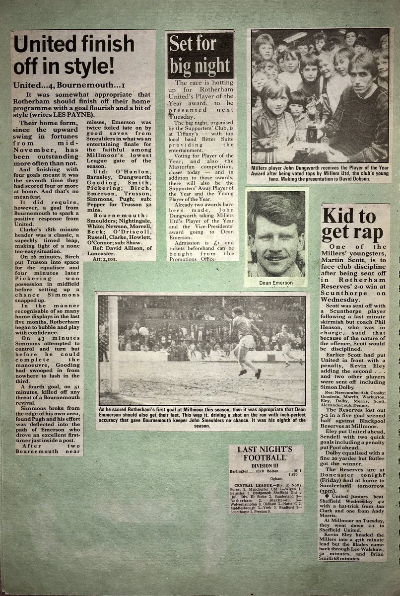 OTD 1986 Rotherham Utd 4 Bournemouth 1 #rufc @RotherhamUnited (Emerson,Gooding, Simmons & Trusson ⚽️) @KelOHanlon 26.4.86