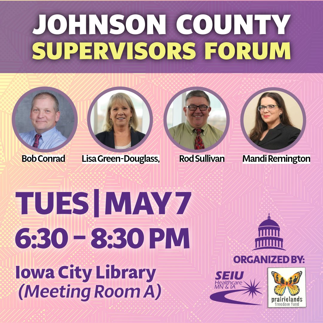 📌 Johnson County Supervisor Forum 2024 Come listen to candidates for Johnson County Supervisor. Bring your concerns and questions! Organized by: @SEIUHCMNIA and @prairielandsff