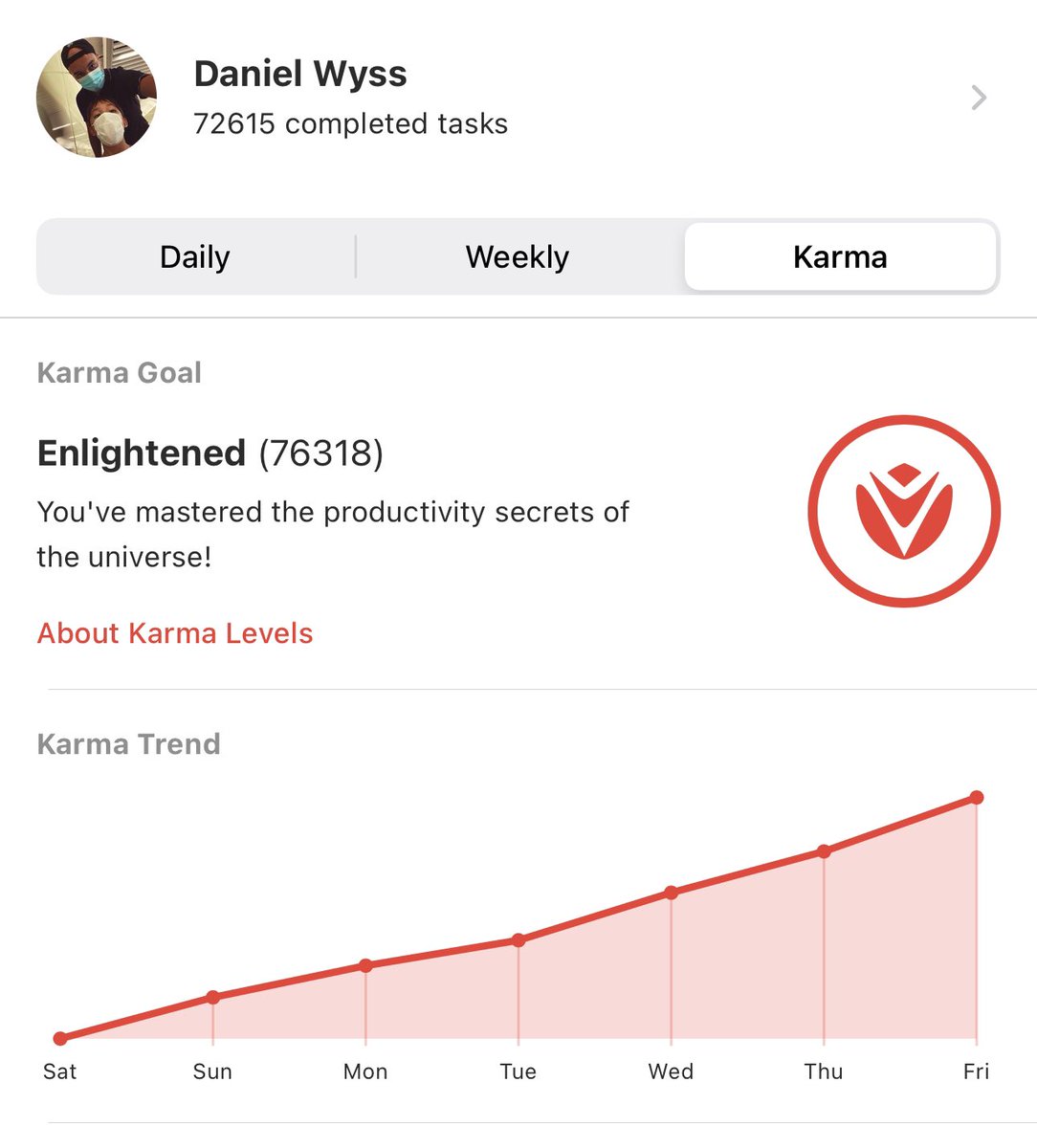 For those asking about my @todoist Karma; I still wish that there would be new levels above Enlightened 😆