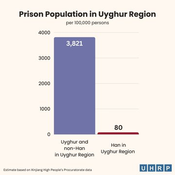 就该地区人口总数而言，维吾尔地区的监禁率是世界上最高的，估计为 2,234 / 1000000。 国家检察机关公布的统计数据显示，该地区维吾尔人、突厥族裔和其他非汉族人被监禁的比例为每 10 万人中就有 3,814 人。