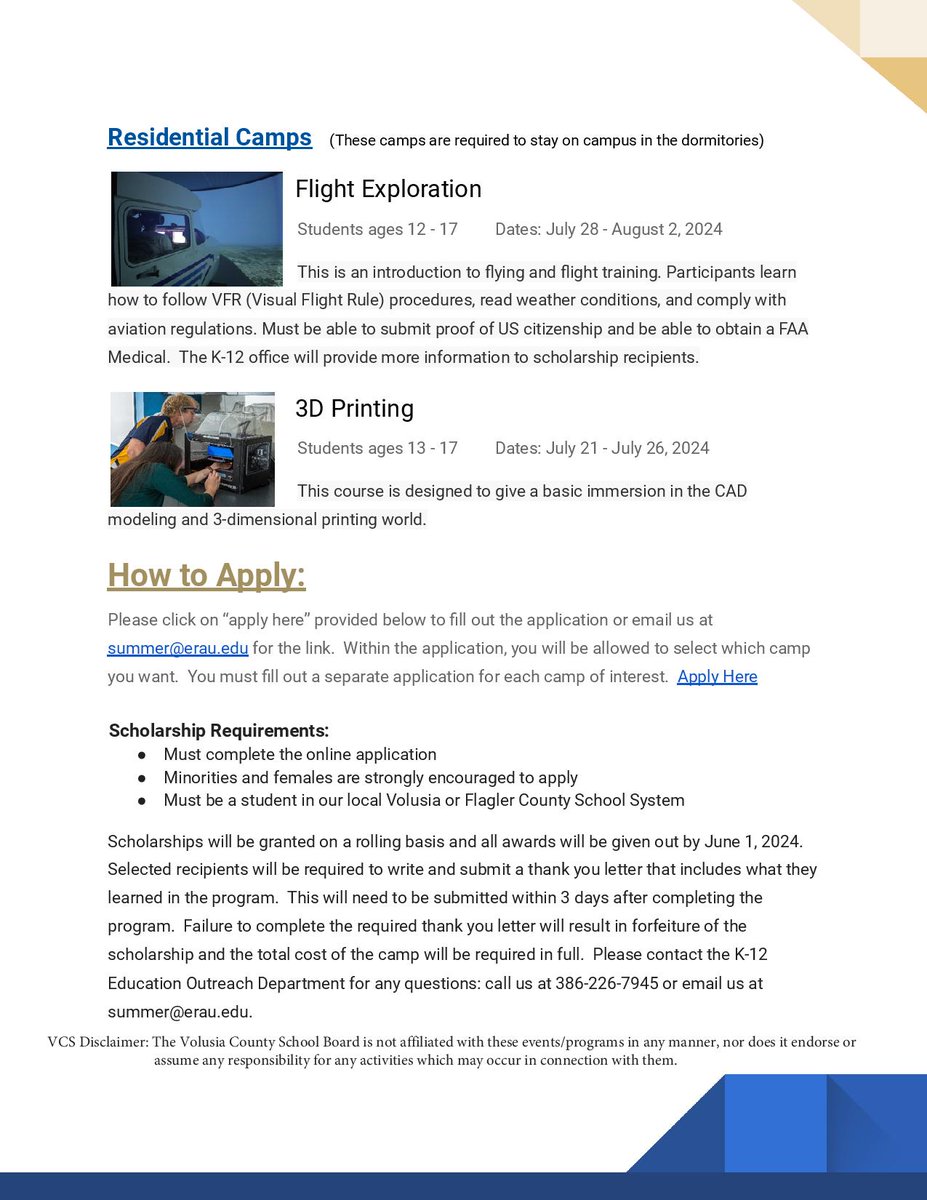 ✈️ <a href="/EmbryRiddle/">Embry-Riddle Univ</a> is currently offering Summer Camp Scholarship Opportunities. Apply now and make this summer unforgettable!

To apply, visit bit.ly/3UkguUG
For more info, contact summer@erau.edu

<a href="/VCS_Partners/">VCS Partners in Education</a>