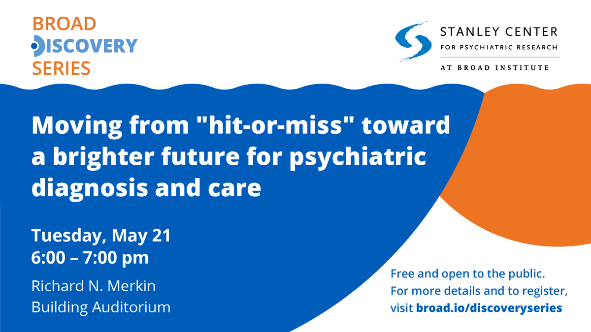 On 5/21 at 6pm ET, join a hybrid discussion of the past & future of psychiatric diagnosis & care, featuring @NAMIMass/@NAMICommunicate community peers & family members, and scientists from @broadinstitute's Stanley Center for Psychiatric Research. More at broadinstitute.swoogo.com/mentalhealthta….