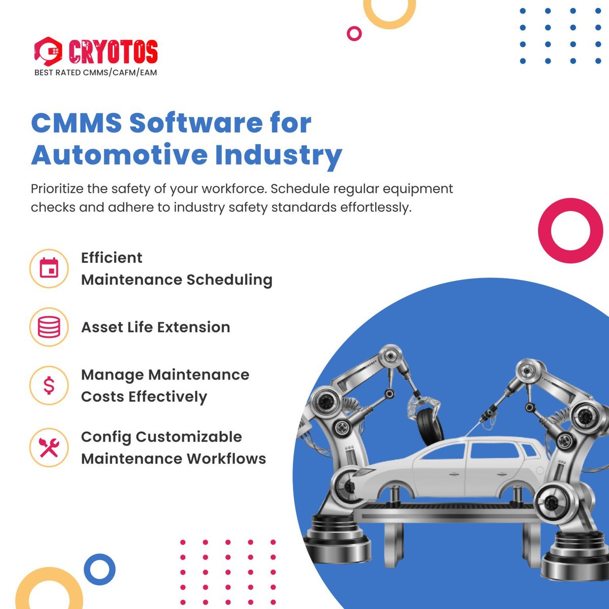 Maximize ROI and streamline your maintenance operations with Cryotos CMMS Software. Designed specifically for the automotive industry, our platform centralizes data, reduces downtime by 30%, and decreases repair times by 25%. #cmms #cmmssoftware #automotive #maintenance