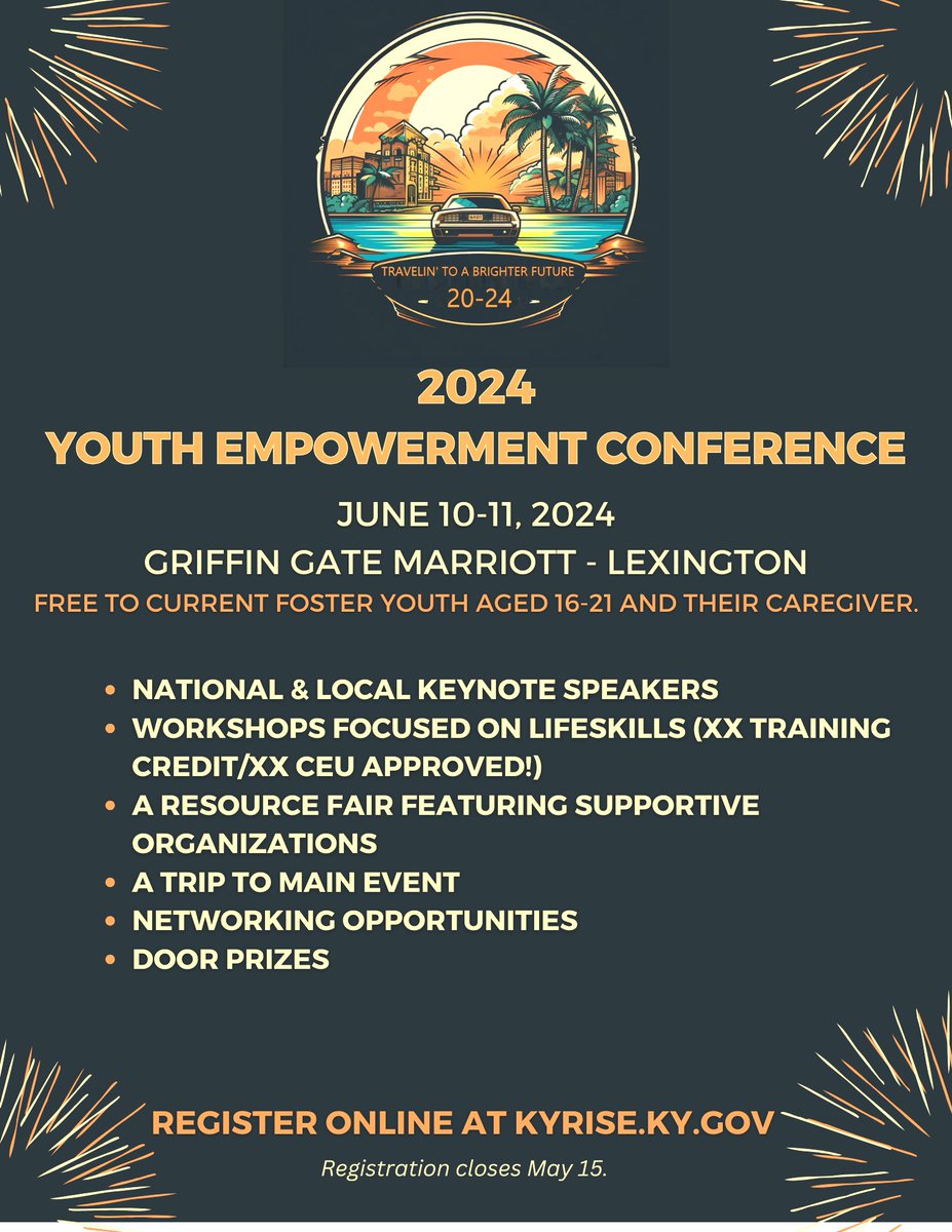 Current foster youth ages 16-21 and their caregiver -- join Ky. RISE at the 2024 Youth Empowerment Conference, June 10-11, at the Griffin Gate Marriott in Lexington. This free event will feature inspiration, information, and fun! Register by May 15th at prd.webapps.chfs.ky.gov/kyrise/