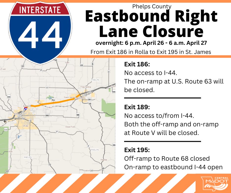 ⚠️The right-hand (driving) lane of eastbound I-44 will close overnight tonight, from MM 186 to MM 195. It will be closed from 6 p.m. to 6 a.m. More info: modot.org/node/46019