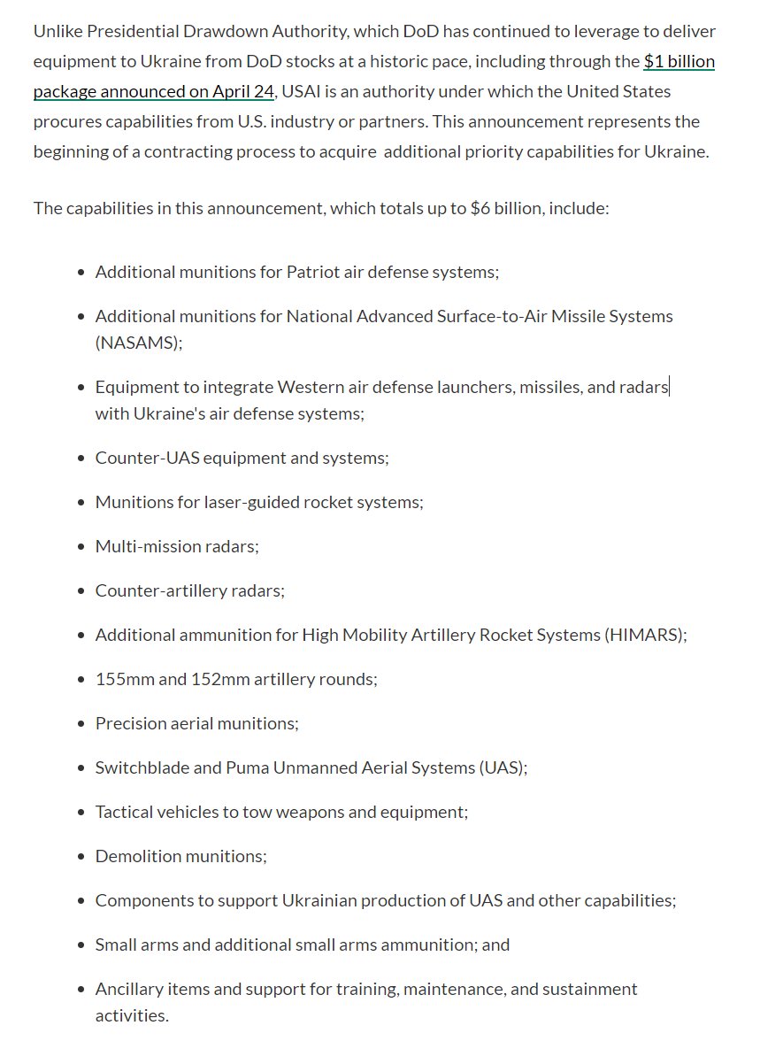 The DoD Ukraine Security Assistance Initiative (USAI) package includes: -Patriot and NASAMS missiles -Equipment to integrate Western air defense launchers, missiles, and radars with Ukraine's air defense systems -Counter-UAS equipment and systems -Munitions for laser-guided…