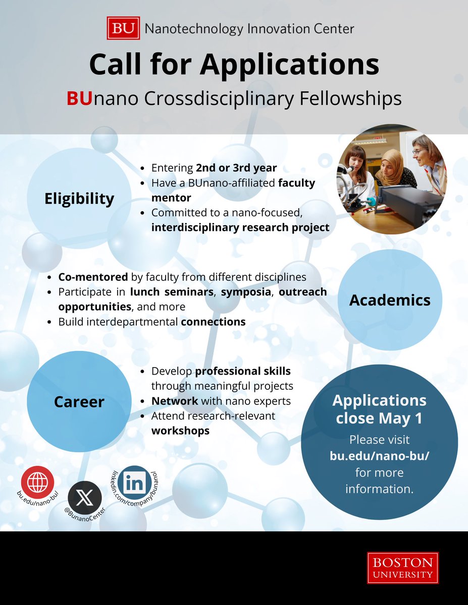 BUnano X-Disciplinary Fellowship Applications due May 1️⃣. Details on our website. bu.edu/nano-bu/apply/ @BUmechanobio @BUgradBME @BostonU_BME @BUMedicine @BUChemistry @BU_MSE