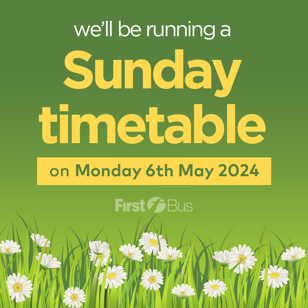 Important Announcement! 📢 On the 6th of May bank holiday, we'll be operating a Sunday service across the First Eastern Counties network. Plus, enjoy £2 bus travel! Don't miss out! 😍 More info 👉 bit.ly/4dcJnuO