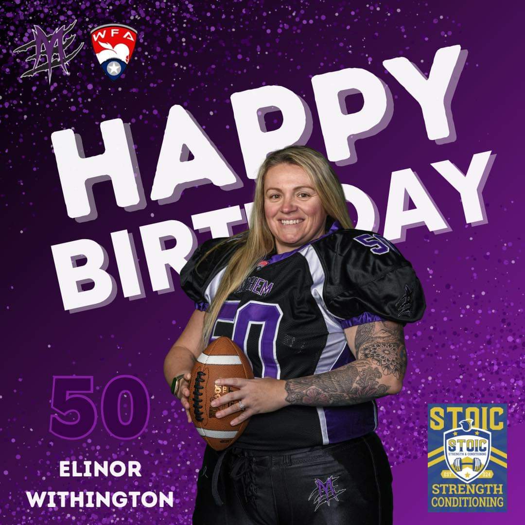 Wishing a very happy birthday to Elinor Withington! You can support her and buy season passes and game tickets on our website:
mainemayhemfootball.com/player/elinor-…

Brought to you by Stoic Strength

#happybirthday #WFAstrong #playlikegirl