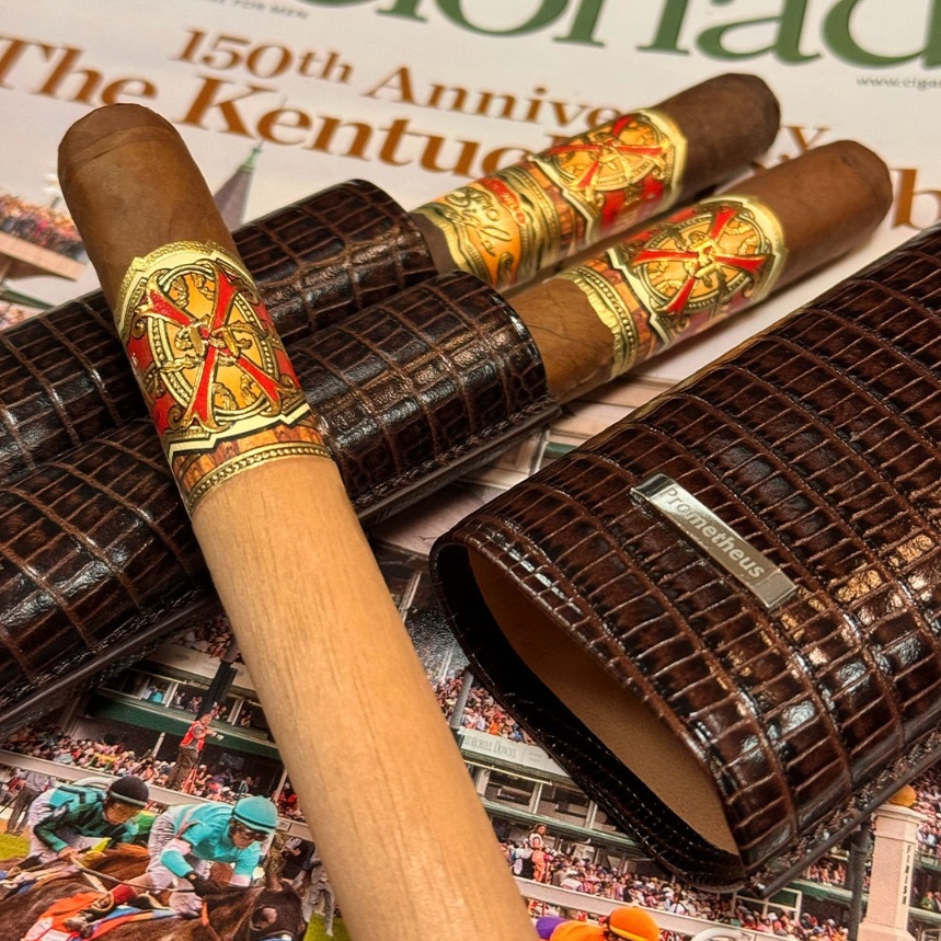 Our OpusX Traveler special. Three OpusX #cigars; Double Corona, PerfecXion X and Oro Oscuro Fuente Fuente, with a Prometheus 2-Cigar Leather Pocket Case made in Spain. #FuenteFriday #cigaraficionado jackschwartz.com/products/2024-…